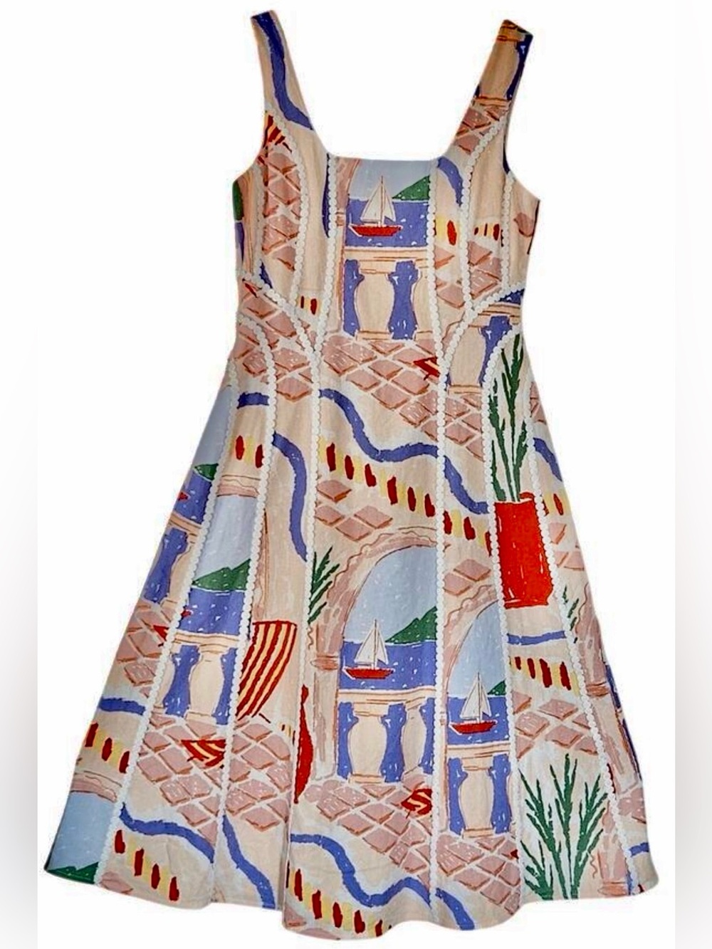 Christian Lacroix linen coastal chic sailboat print Midi vacation Dress M 8